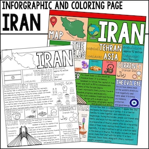 Iran Kleurplaat en Inforgraphic Country Study afdrukbare factsheet, perfect voor educatief thuisonderwijsonderzoek en kleurplaten
