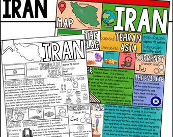 Iran Coloring Page and Inforgraphic Country Study Printable Fact Sheet perfect for Educational Homeschool Research and Coloring