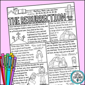 Página para colorear de la lección bíblica de la Resurrección y actividades de comprensión para grupos bíblicos de niños de educación en el hogar y la escuela dominical: Historia de Pascua