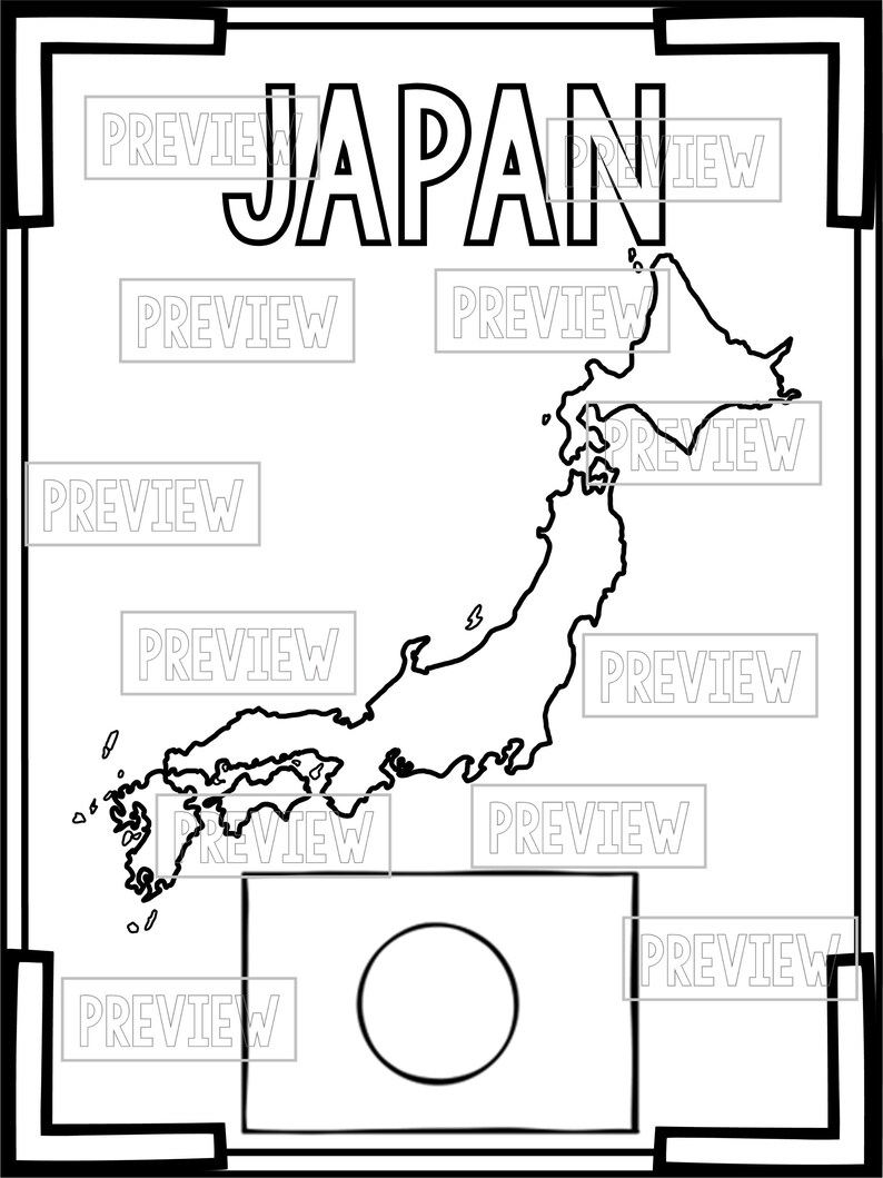 May include: A black and white outline of the map of Japan with the word "JAPAN" in bold letters at the top. A circle representing the flag of Japan is in the bottom right corner.