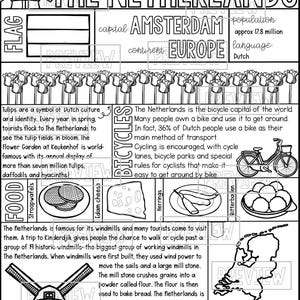 Kleurplaat en graphic organizer Nederland afdrukbare factsheet voor landstudie, perfect voor thuisonderwijs kleurplaten
