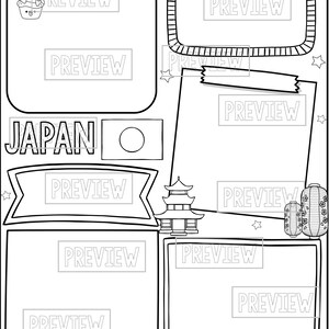 May include: Black and white printable worksheet with the word "JAPAN" at the top. The worksheet has several blank boxes for writing or drawing. There are also images of a Japanese flag, a pagoda, and lanterns.