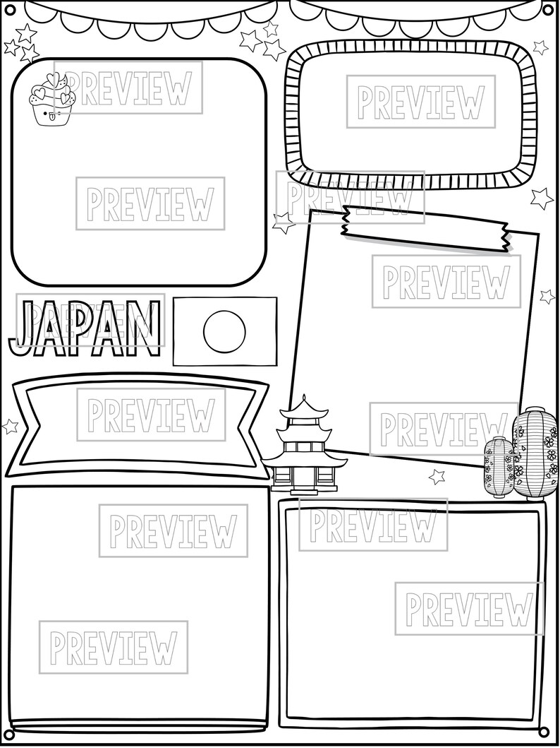 May include: Black and white printable worksheet with the word "JAPAN" at the top. The worksheet has several blank boxes for writing or drawing. There are also images of a Japanese flag, a pagoda, and lanterns.