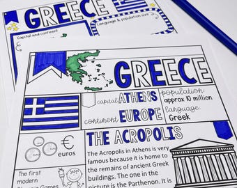 May include: A printable worksheet for learning about Greece. The worksheet features a map of Greece, the Greek flag, and information about the country's capital, population, continent, language, and currency. The worksheet also includes a picture of the Acropolis in Athens and a description of its history.