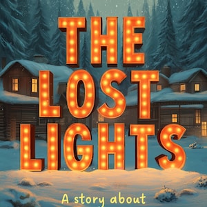 May include: Book cover illustration for "The Lost Lights" by Eliza Hindley. The title is in large, illuminated orange letters. The background shows snow-covered cabins and evergreen trees, suggesting a winter holiday theme.