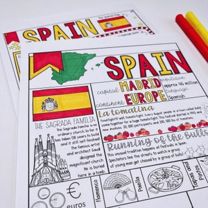 Spanje Kleurplaat en afbeelding opberger Afdrukbaar informatieblad Country Study, perfect voor thuisonderwijs kleurplaten