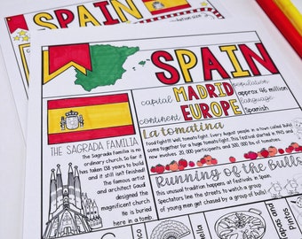 Spain Coloring Page and Graphic Organizer Country Study Printable Fact Sheet perfect for Educational Homeschool Coloring