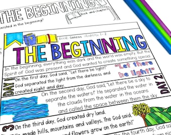 Könnte beinhalten: Ein buntes, druckbares Arbeitsblatt für Kinder über die Schöpfungsgeschichte aus der Bibel. Das Arbeitsblatt zeigt Illustrationen der ersten drei Schöpfungstage mit Texten, die die Ereignisse jedes Tages beschreiben. Der Text enthält den Satz "Es werde Licht!" in Fettdruck.