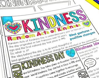 May include: A colorful printable poster with the words "KINDNESS" and "Random Acts of Kindness" in large, bold letters. The poster explains the history of World Kindness Day and provides ideas for random acts of kindness.