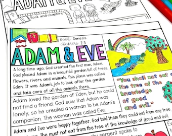 Adam and Eve Garden of Eden Bible Story Printable Coloring page and worksheetSunday/Homeschool Lesson notes and comprehension questions