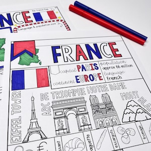 Página para colorear y organizador gráfico de Francia. Hoja informativa imprimible para estudiar el país. Perfecta para colorear en el hogar y la educación.