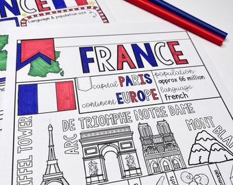 France Coloring Page and Graphic Organizer Country Study Printable Fact Sheet perfect for Educational Homeschool Coloring