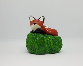 Clay sleeping fox animal totem figurine home decor gift for him for her art