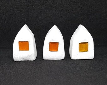 Miniatur Häuser, 3er Set Keramik Ton Handarbeit Geschenk Wohndekor für ihn für sie zeitgenössisches modernes Zuhause