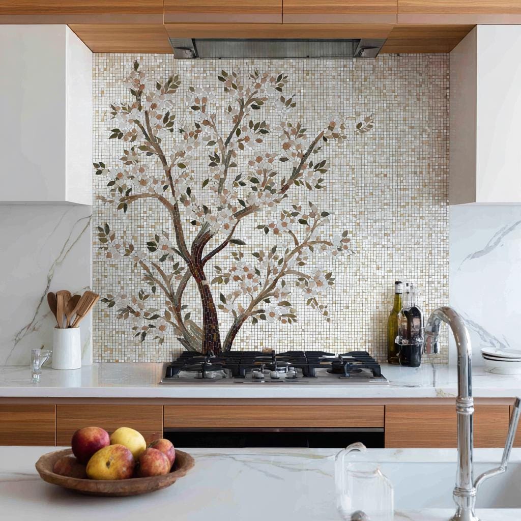 Kitchen backsplash marble mosaic, White Plum Blossom, Stove backsplash, stove top cover, splashback for kitchen, kitchen tile, Kitchen Decor