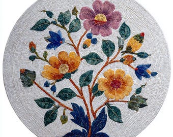 Floral Marble Mosaic Wall Art Medallion Mural backsplash for feature wall – Handcrafted Pakistani Tile Mosaics in Custom Sizes