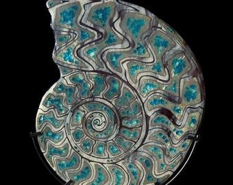 Transparent Glass Ammonite Art With Pure Silver and Dichroic Teal Accents