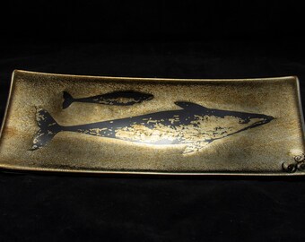 Black and Gold Iridescent Rectangular Plate, Gray Whale Mother and Calf Design