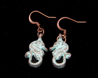 Seahorse Earrings in Patina Copper