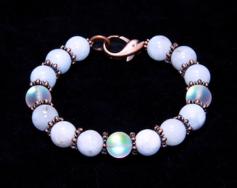 Aquamarine Bead Bracelet with Copper Spacers and Dolphin Clasp