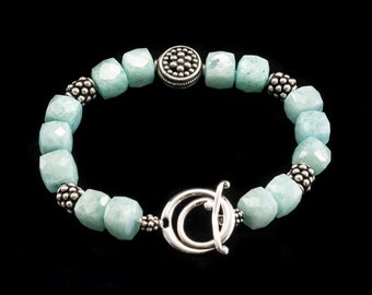 Amazonite Cube with Vintage 925 Sterling Silver Bali Bead Bracelet