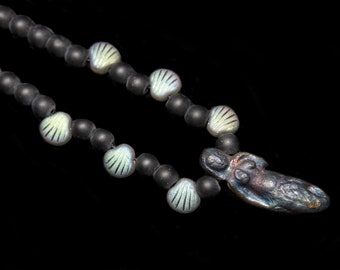 Iridescent Mermaid and Glass Shells on a Black Beaded Necklace