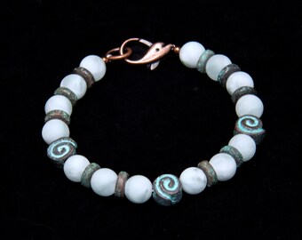 Light Blue Angelite & Patina Spiral Bead Bracelet with Copper Dolphin Clasp