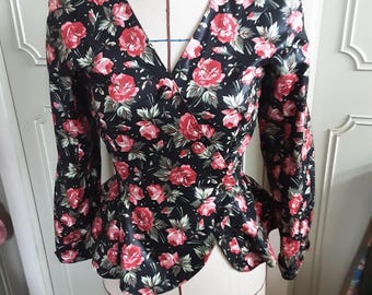 Vintage peplum jacket in cotton chintz, fitted jacket size 38