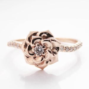 Camellia Flower Ring 14K Rose Gold Diamond Ring Rose Gold Engagement ring Diamond Ring