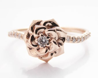 カメリアの花の指輪：14Kローズゴールドダイヤモンド婚約指輪 - Etsy 日本