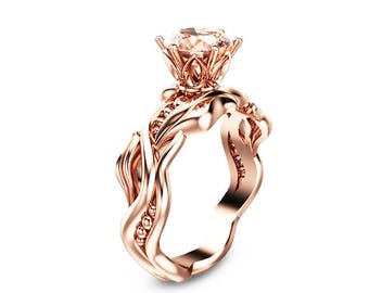 Floral Morganite Engagement Ring in 14k Rose Gold Diamond Solitaire Ring 6mm Round Pinkish Peach Morganite Wedding Ring