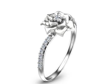Flower Design Diamond Engagement Ring Unique 14K White Gold Ring Nature Inspired Engagement Ring