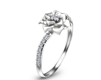 14K White Gold Flower Diamond Engagement Ring – Nature Inspired Design