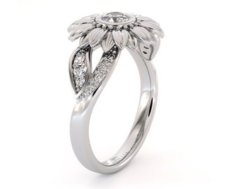 Unique Engagement Ring Natural Diamond Ring 14K Solid Gold Ring Sunflower Engagement Ring Camellia Jewelry Etsy
