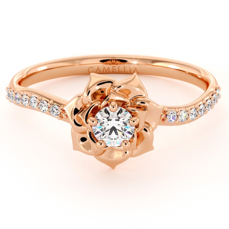 Diamond Rose Engagement Ring by Camellia Jewelry Flower Ring in 14K Gold Engagement Rose Ring image 1