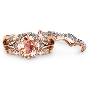 Rose Gold Morganite Bridal Ring Set Unique Natural Morganite Bridal Ring Set 14K Rose Gold Flower Engagement Ring Set image 2