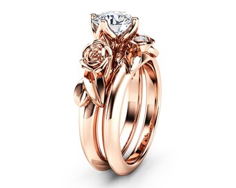 Moissanite Rose Engagement Ring 14K Rose Gold Bridal Set