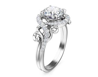 Modern Halo Lab Created Diamond Engagement Ring Unique Design 14K White Gold Ring Proposal Ring