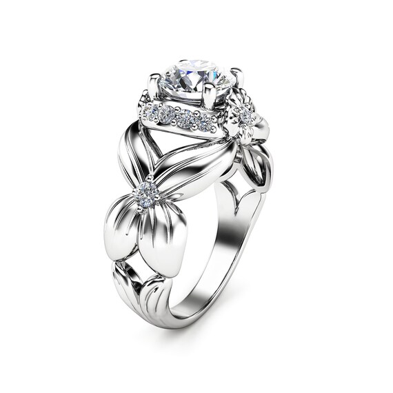 14K White Gold Moissanite Ring Unique Engagement Ring Flower | Etsy