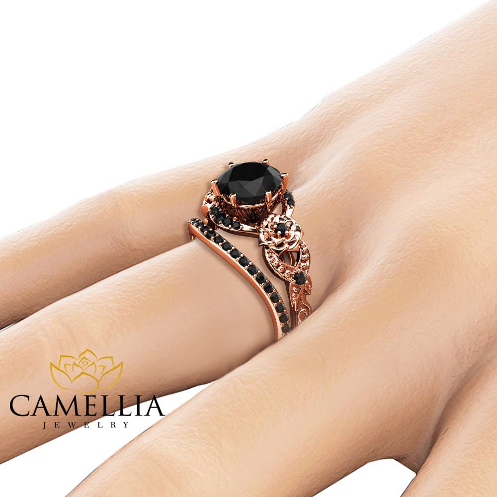 S Jewelry For Women Rings, Black Stone Flower Ring, Rose Gold Flower Ring,  Engagement Rings For Women, Womens Rings, Wedding Ring, Size 7 8 9 10  (RW69)
