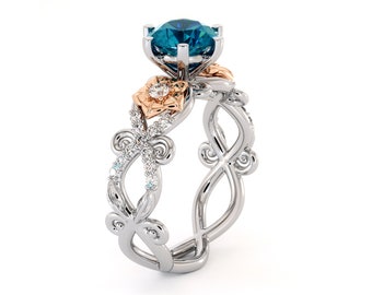 Blue Diamond Gold Ring Unique Flowers Diamond Engagement Ring 14K White & Rose Gold Ring