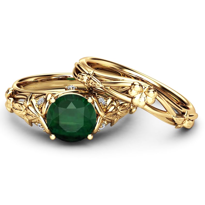 Natural Emerald Shamrock Celtic Knot Engagement Ring Set 14K Etsy