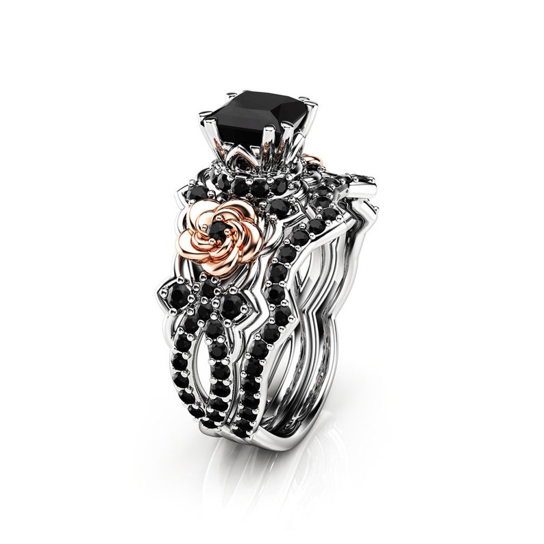 Black Diamond Engagement Ring Princess Cut Bridal Set 14K Etsy