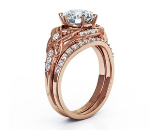 Rose Gold Vintage Engagement Ring Diamond Engagement Rings Vintage Lab Diamond Ring with Half Eternity Band