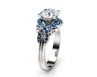 Unique Engagement Ring Laboratory Diamond Ring White Gold Ring Unique Blue Side Diamonds Ring