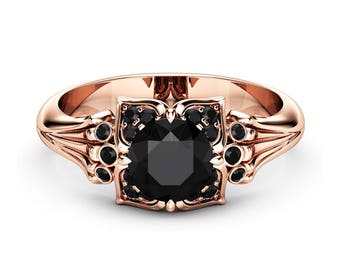 Black Diamond Modern Engagement Ring 14K Rose Gold Engagement Ring Black Diamond Leaf Ring