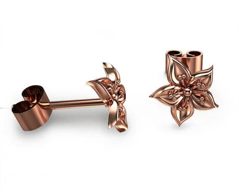 14K Rose Gold Flower Earrings Stud Earrings Unique Earrings - Etsy