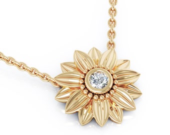 Solitaire Unique Sunflower Pendant Neckalce in 14k Solid Yellow Gold Beautiful Gift