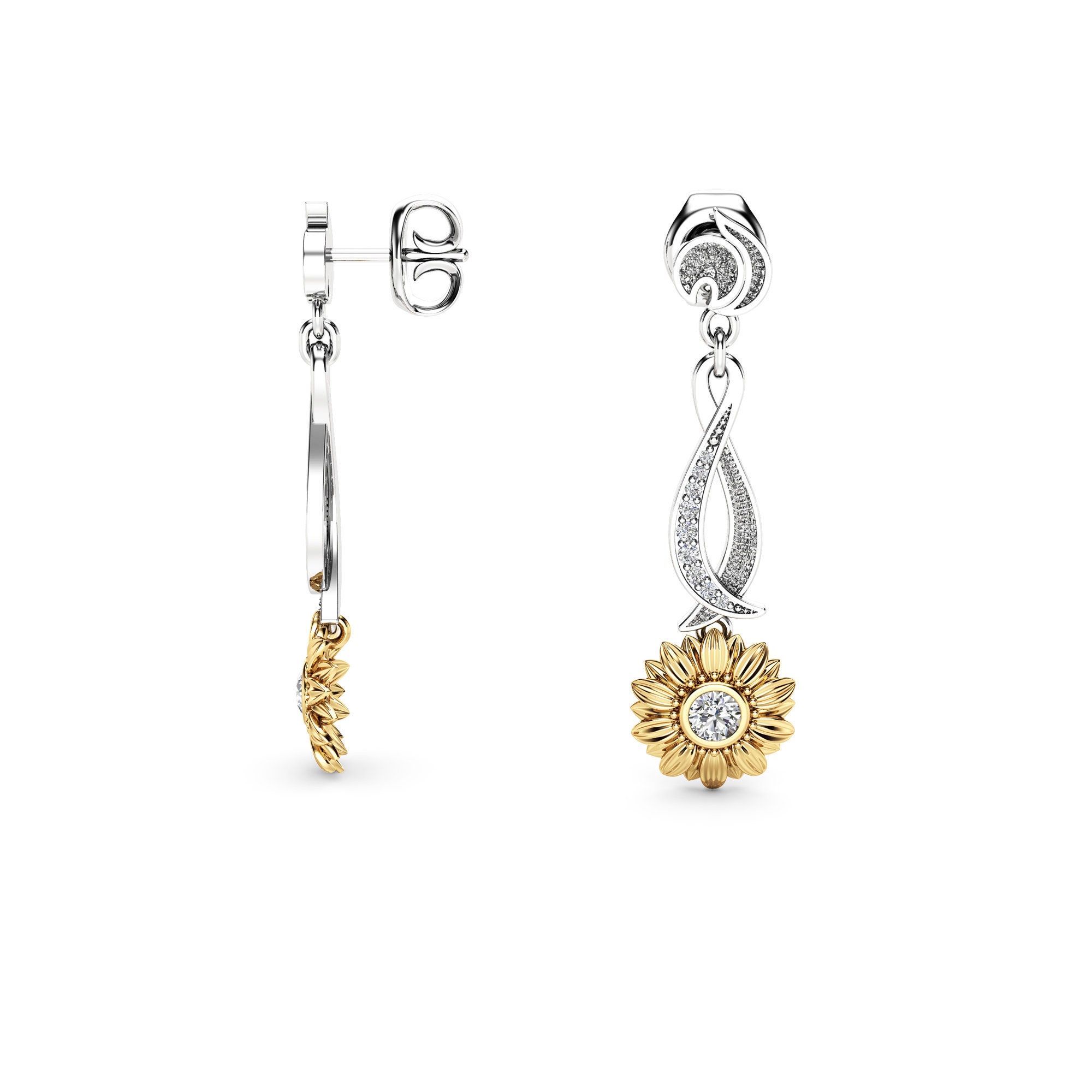 Sunflower Earrings Bridal Earrings Gold Drop Diamond Earrings Etsy