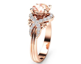 Peach Pink Sapphire Engagement Ring 14K Rose Gold Ring Unique Diamonds Halo Engagement Ring